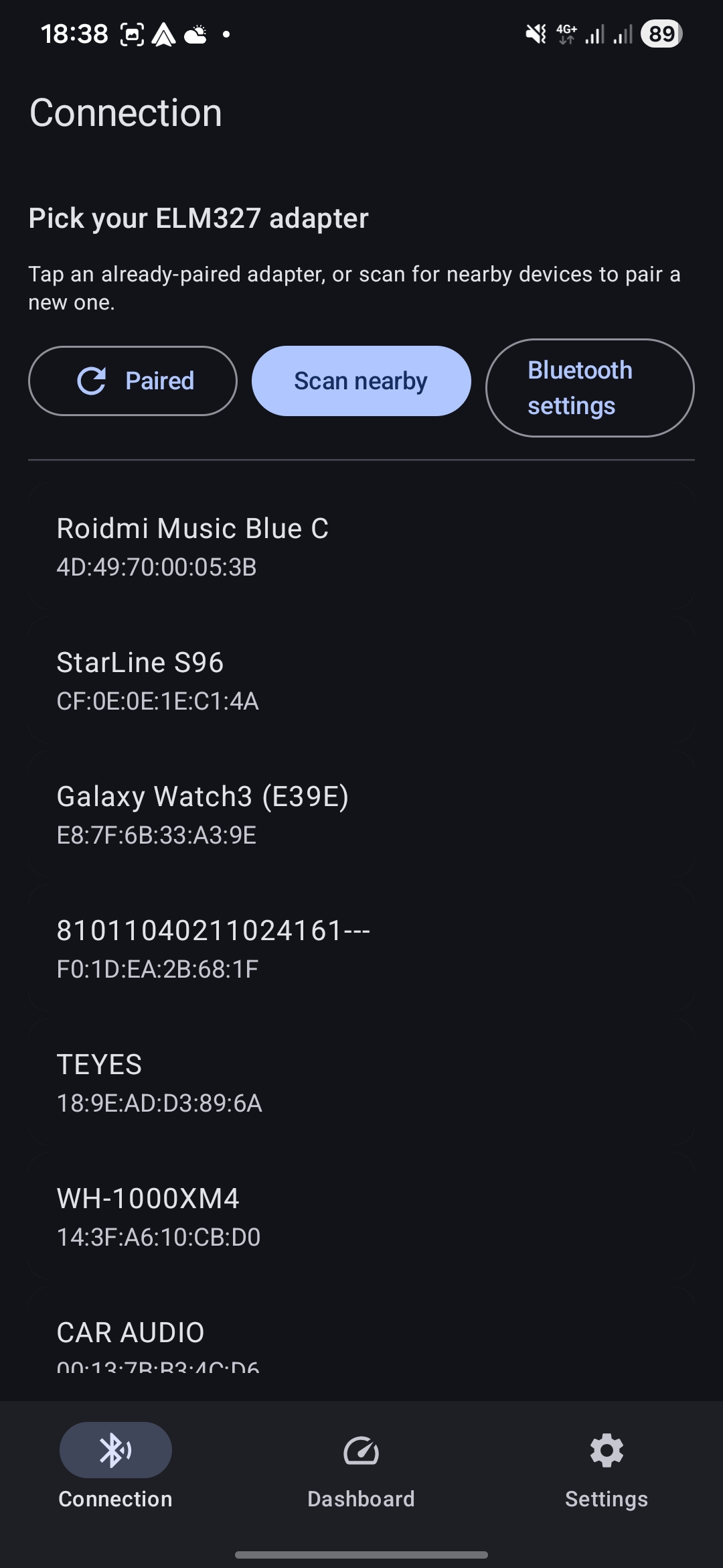 Device picker showing paired Bluetooth adapters